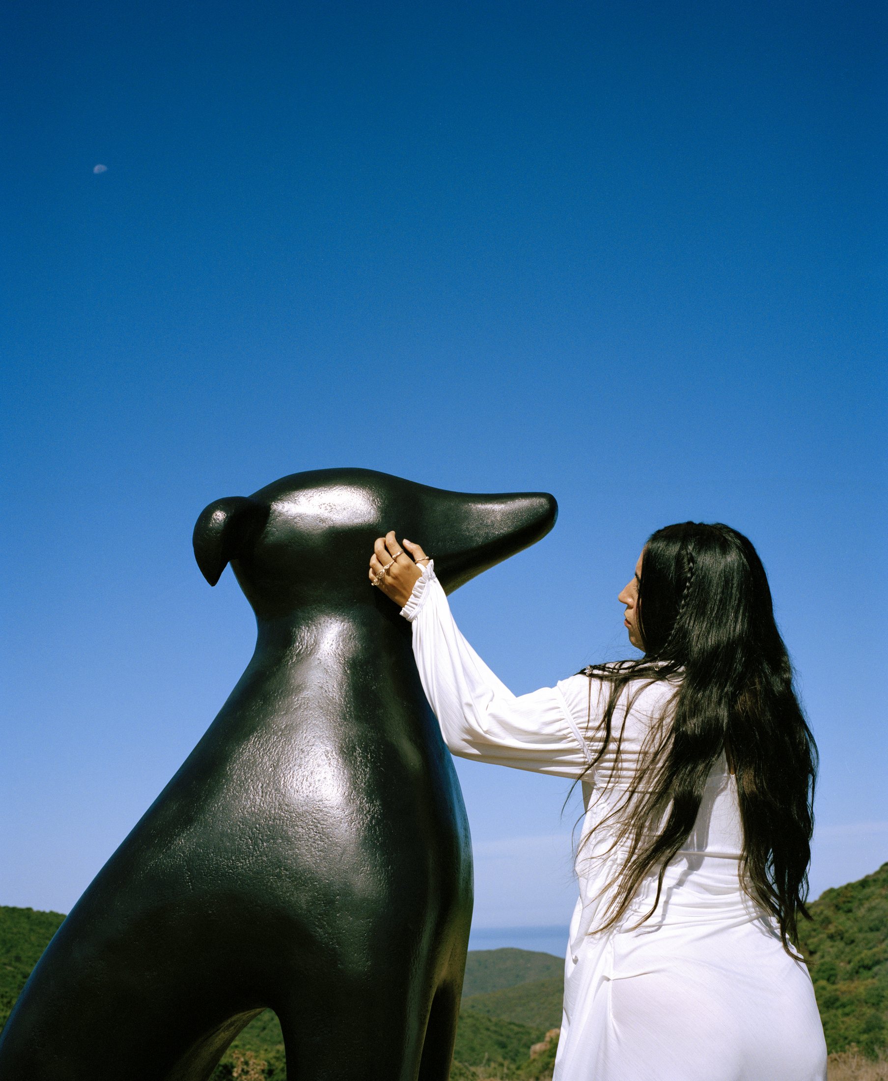 BLUEM reaching toward a dark sculptural crow against a blue sky.