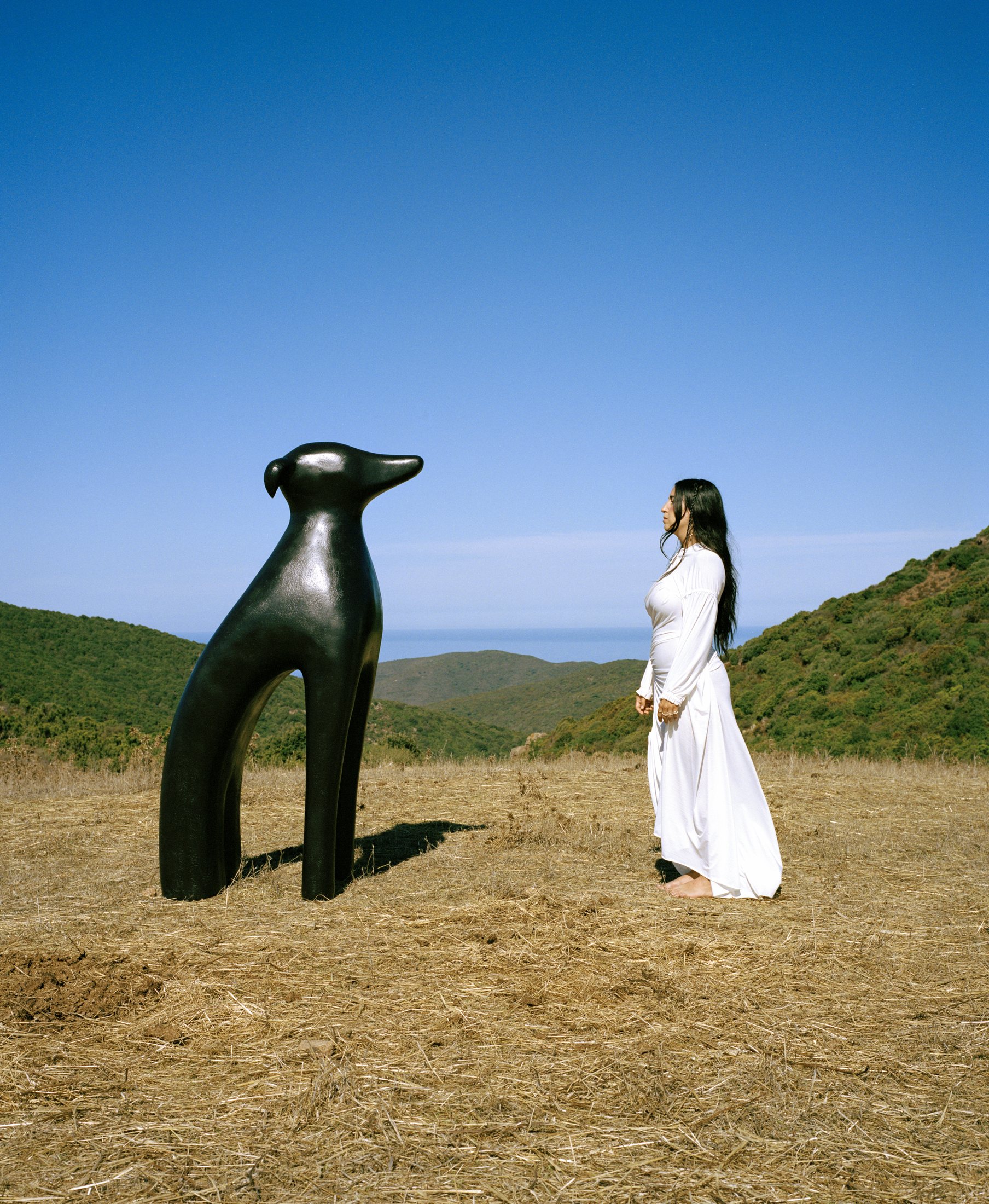 BLUEM standing across from a dark sculptural crow in an open landscape.